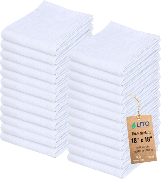 Thick Cotton Napkins – Flour Sack Napkin for Kitchen, Set of 24 (18"x18"), 100% Cotton, Highly Absorbent Hand Towels, Reusable Baking Cloths for Bread Proofing, Pastry & Tea Towels – White