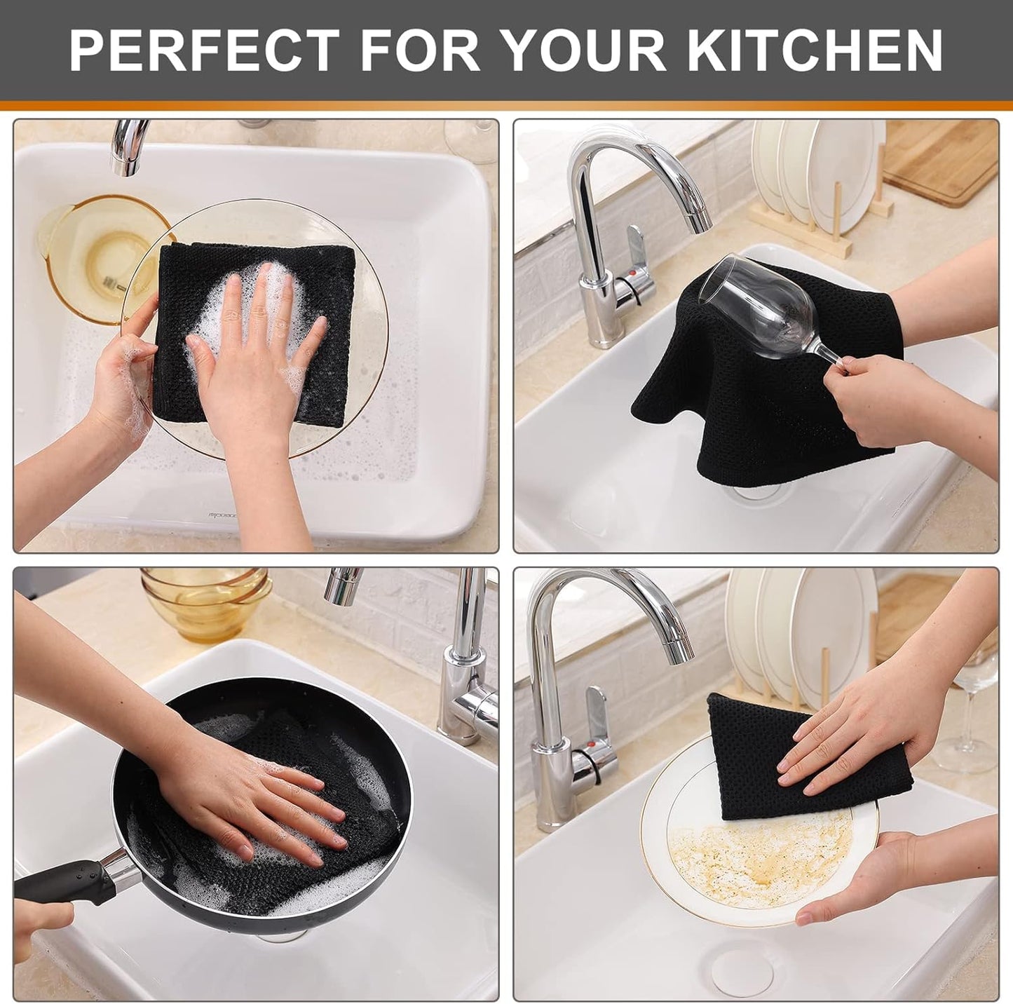 Kitinjoy 100% Cotton Kitchen Dish Cloths, 12 Pack Waffle Weave Ultra Soft Absorbent Dish Towels for Drying Dishes Quick Drying Kitchen Towels Dish Rags, 12 X 12Inch, Black