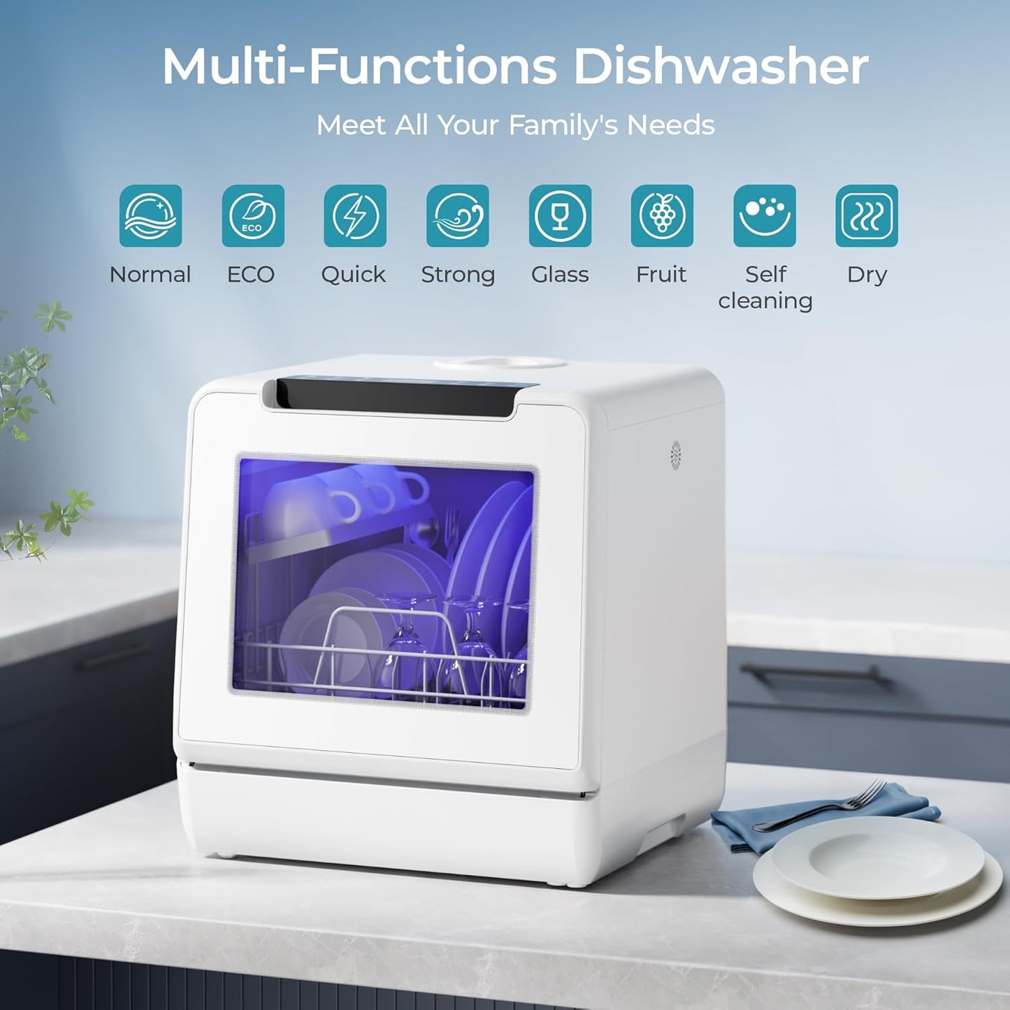 EUHOMY Portable Dishwasher Countertop Dishwashers, 8 Programs Mini Dishwasher, 5L Built-in Water Tank and Inlet hose, Self Clean, Baby Care, Air Dry Function, for Apartments & RVs, No Hookup Needed