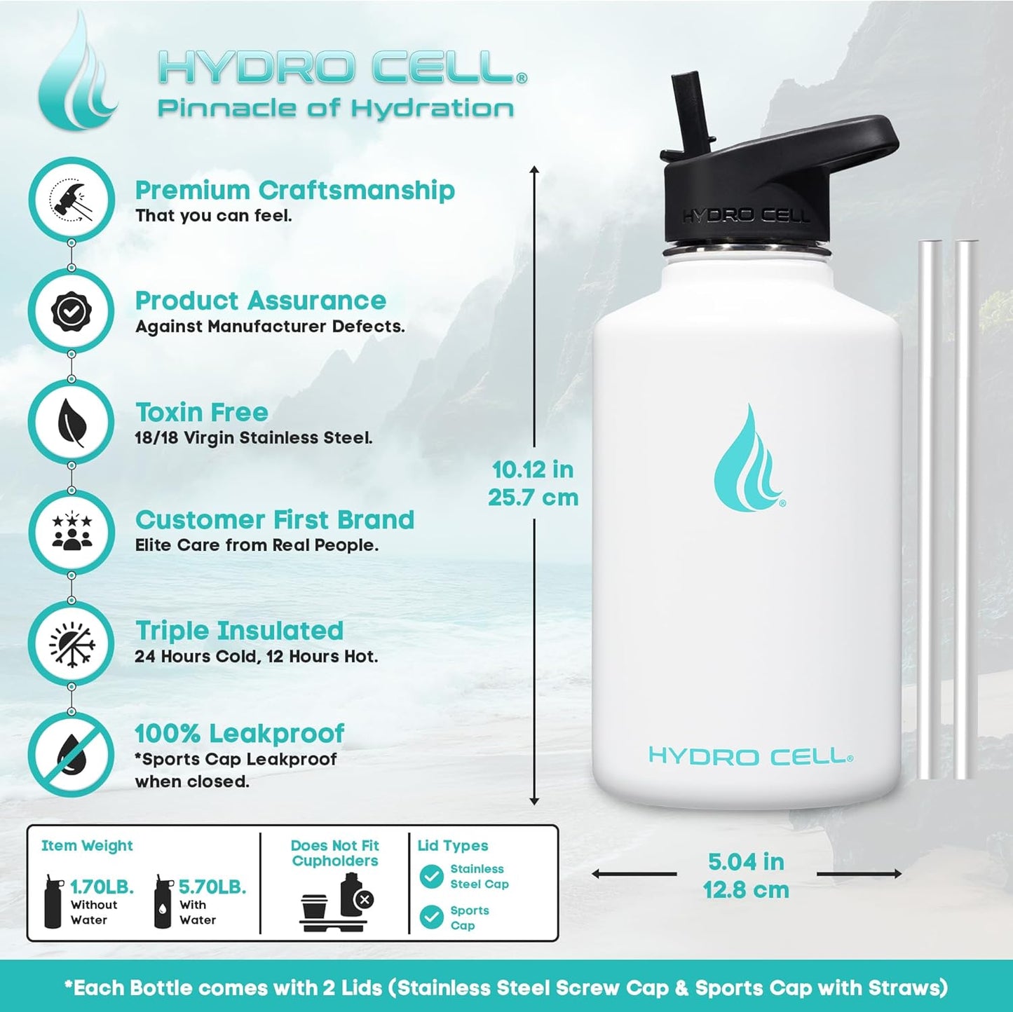 HYDRO CELL Stainless Steel Insulated Water Bottle with Straw - For Cold & Hot Drinks - Metal Vacuum Flask with Screw Cap and Modern Leakproof Sport Thermos for Adults (White 64oz)