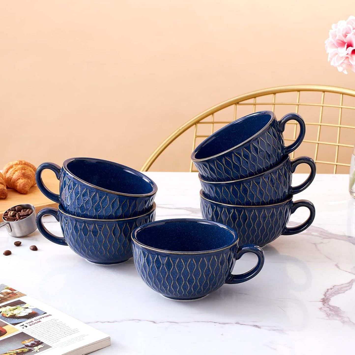 Set of 6 Cups Vintage Design 12 oz Professional Barista Ceramic Latte Art Cappuccino Cups Set (Embossed Blue * 6)