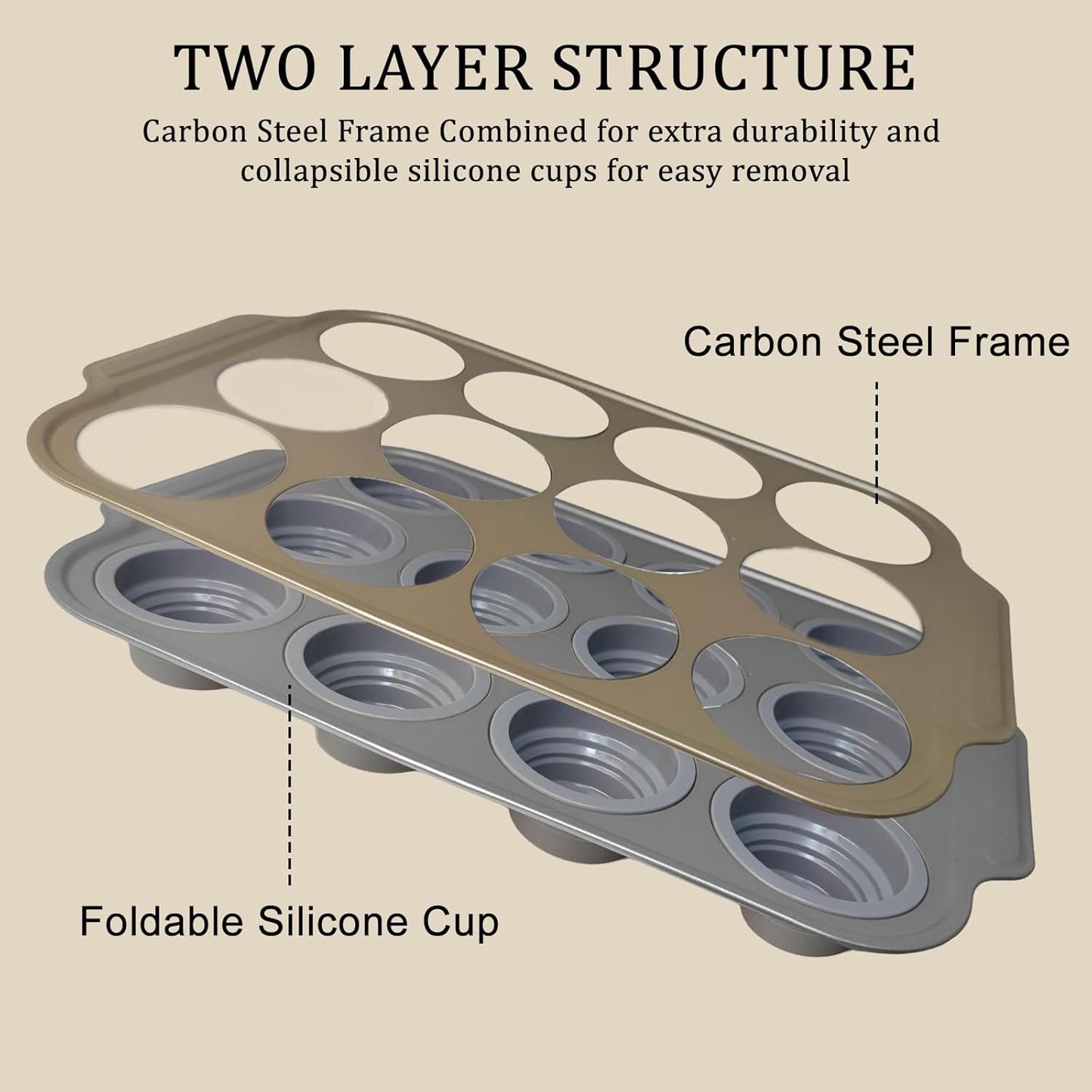 Nonstick Silicone Muffin Pan with Metal Frame – 12-Cup Easy-Release Cupcake & Egg Bite Mold for Baking, Oven-Safe & Non-Toxic Bakeware