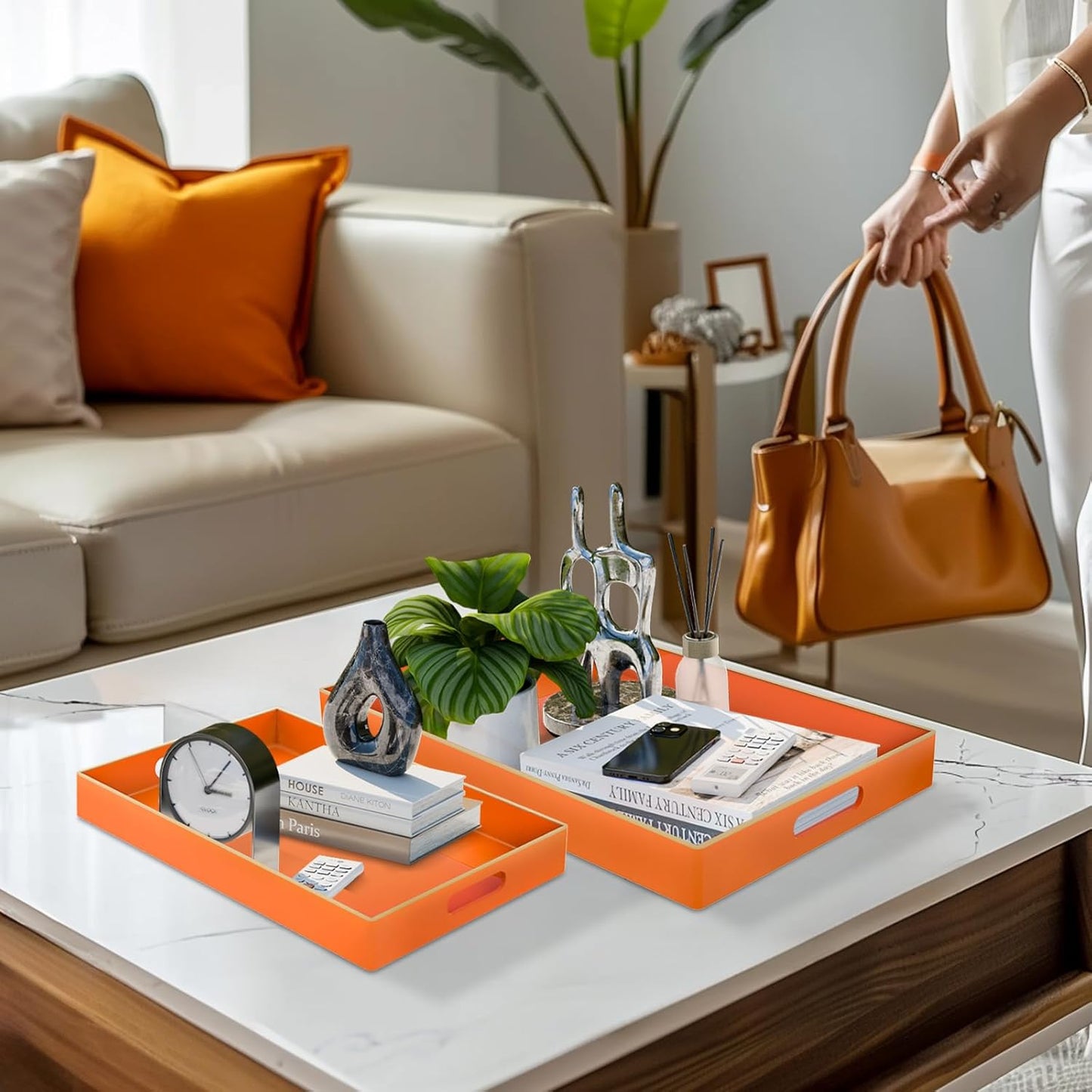 MAONAME Orange Serving Trays Set of 2, Plastic Decorative Trays with Handles, Rectangular Coffee Table Trays for Ottoman, Nesting Trays for Living Room, Bedroom