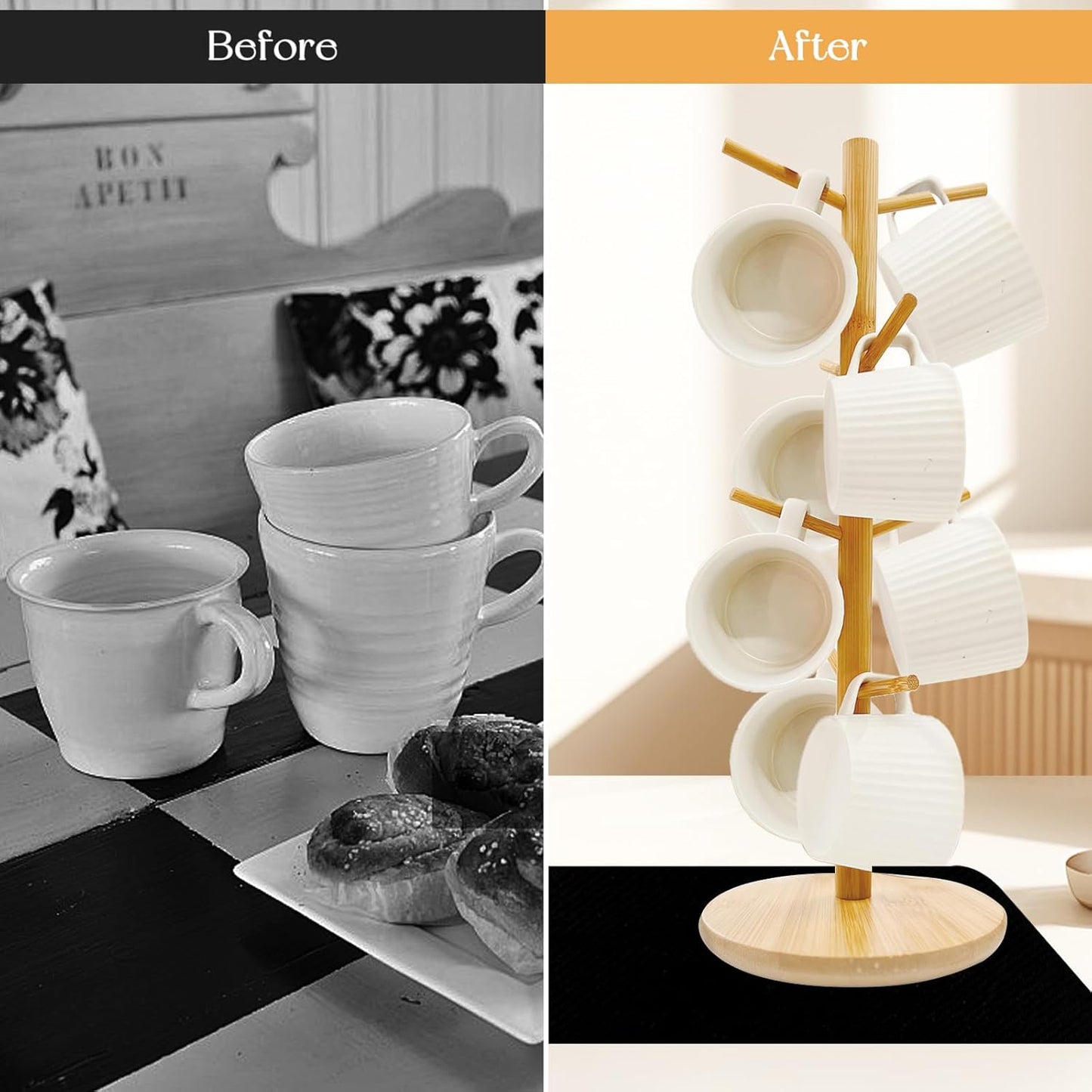 SNAIL GARDEN Wood Coffee Mug Holder With 8 Hooks, Cup Stand With Drying Mat, Tree Hanger Rack for Counter, Bar Accessories and Decor, Station Organizer