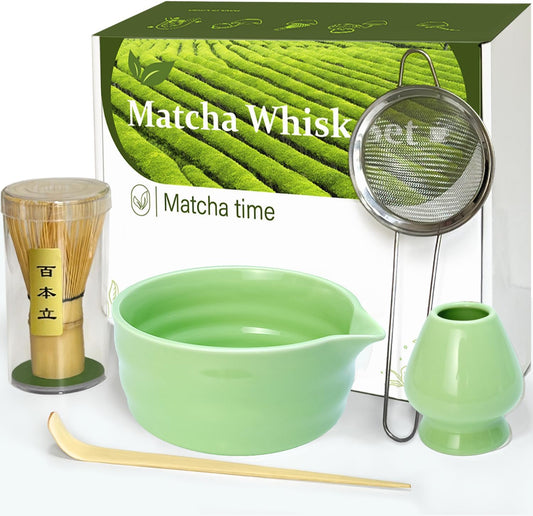 Matcha Whisk Set with Matcha Bowl, Matcha Whisk Holder Matcha Bamboo Whisk, Scoop, Sifter, Unique Gifts for Women Men Girl Friend Home Kitchen Decor（Light Green）