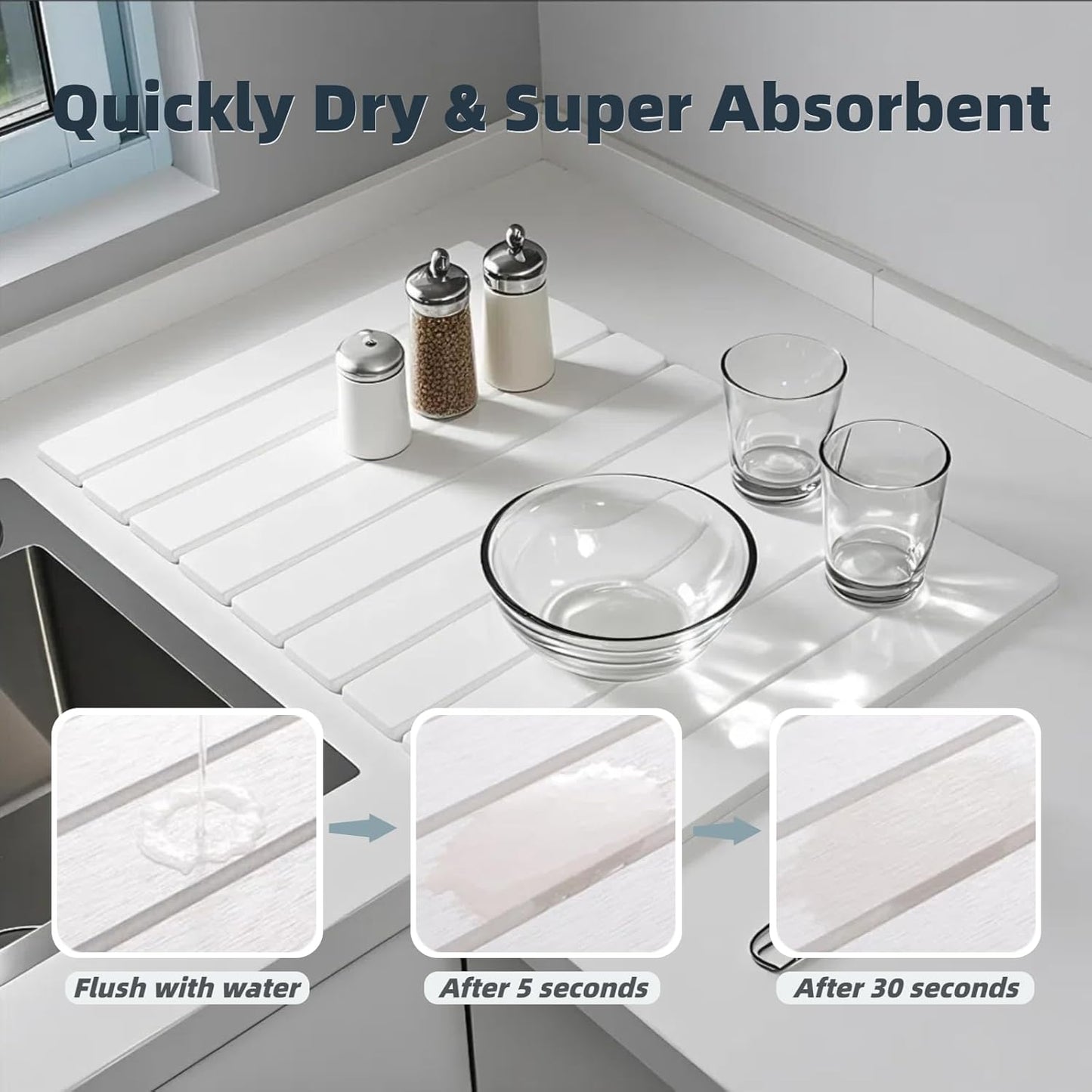 Stone Drying Mat for Kitchen Counter, 23.6" x 15.3" Foldable Diatomaceous Earth Dish Drying Mat - Large Stone Dish Drying Mat for Dishes Cups Bottles Drying, Match Any Countertop (White, Large)