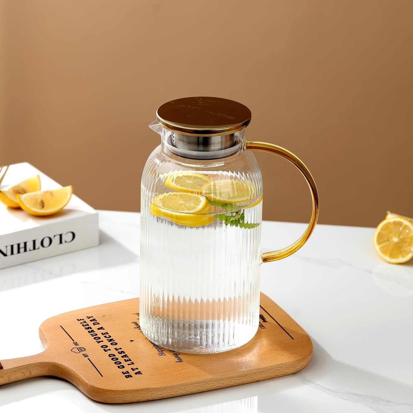 68 oz/2 Liter Glass Pitcher with Lid,Hand Blown Glass Water Pitcher for Cold Brew Coffee,Hot Water, Milk, Modern Vertical Stripes Iced Tea,Father's Day Gifts