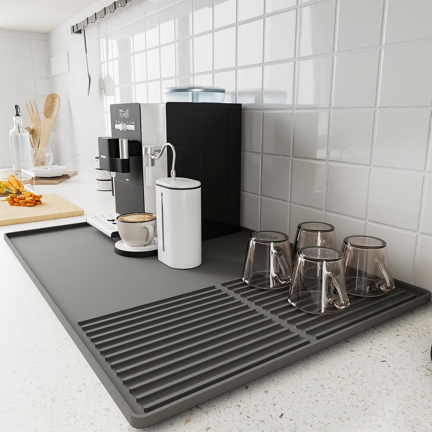 Silicone Coffee Mat with Raised Edges, 20'' X 12'', Bar Mat for Countertops, Fits Under Coffee Maker, Espresso Machine, Dish Drying Mat (GRAY)