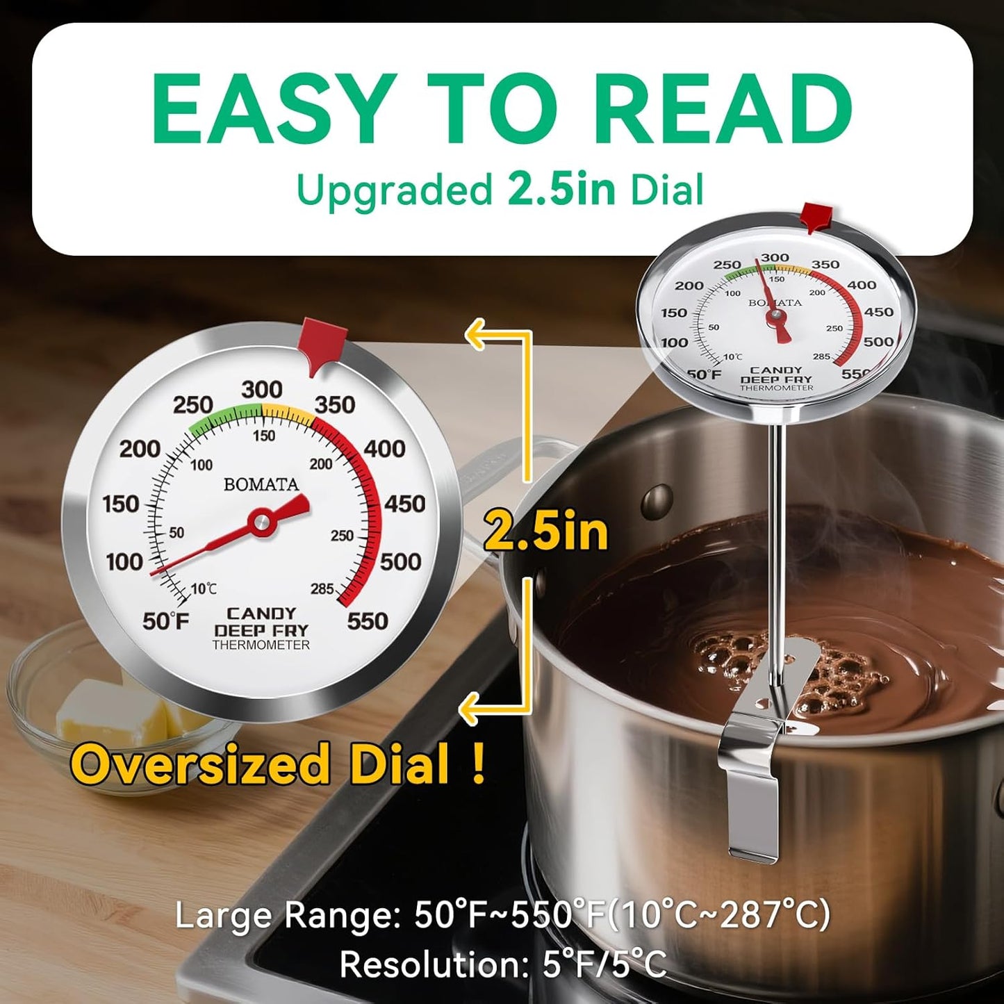 BOMATA 2-Pack Waterproof IP67 Candy Thermometers with Pot Clip, Deep Fry Oil Thermometer with Upgraded 2.5in Large Display for Cooking, Food, Turkey, BBQ, Grill... Mth400
