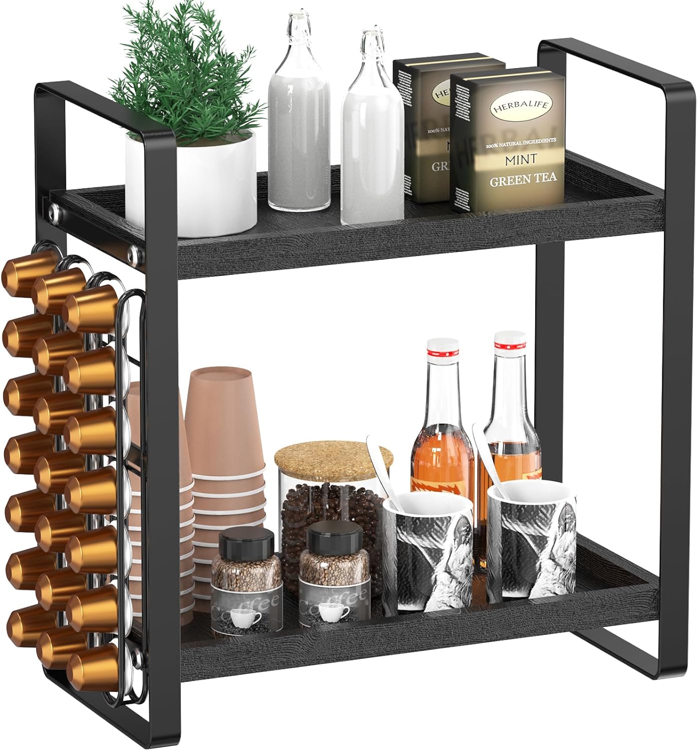 LEMIKKLE Coffee Station Organizer,Compatible with Nespresso Classic Pods 24pcs,Coffee Bar Accessories and Cup Storage Organizer, Wood Counter Shelves for Kitchen, Office, Countertop（Black
