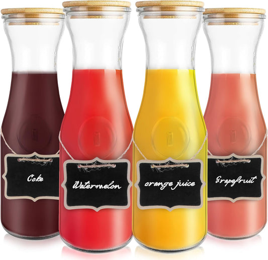 Glass Carafe with Bamboo Lid,35 Oz Beverage Dispensers Carafe,Mimosa Bar Supplies,Juice Bottles, Clear Glass Pitcher with Name Labels for Iced Tea,Coffee,Juice(Set of 4)