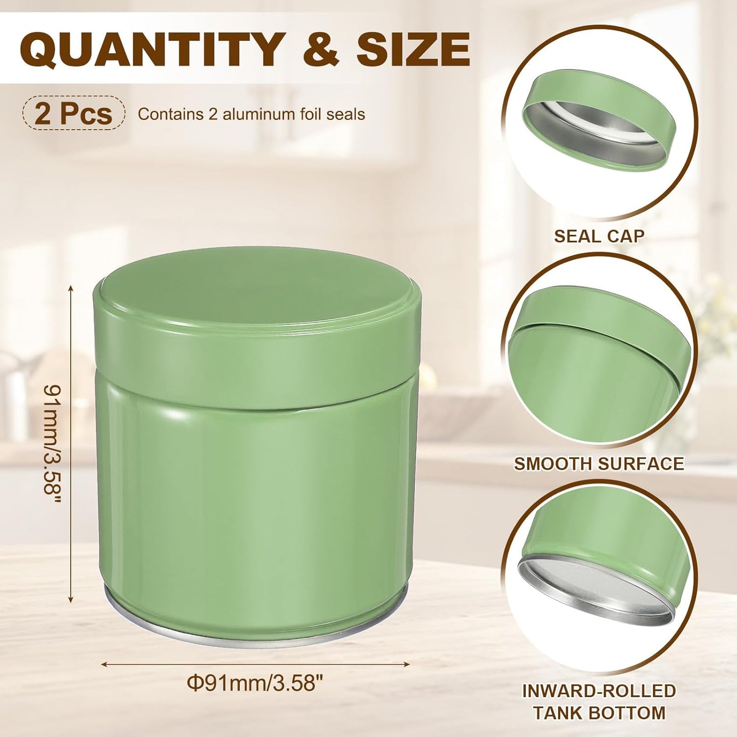 uxcell 2Pcs Round Tea Canisters, 4" x 4" Airtight Metal Tea Containers for Loose Tea, Coffee Beans, Spices - Durable, Compact, and Stylish Storage Tea Tin (Silver Green)