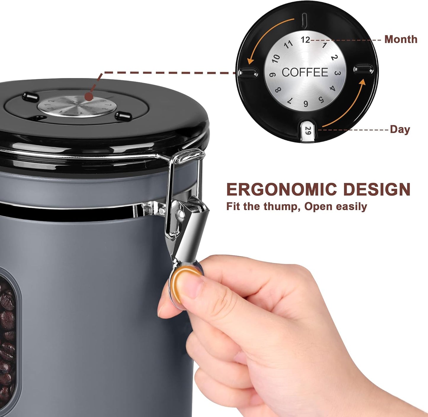 1800ML Airtight Coffee Canister with Date Tracker&Transparent Window, 22.8OZ Coffee Container with 30ML Measure Spoon&4 co2 Valve, Coffee Bean Storage Container for Grounds Coffee, Beans, Tea(Gray)