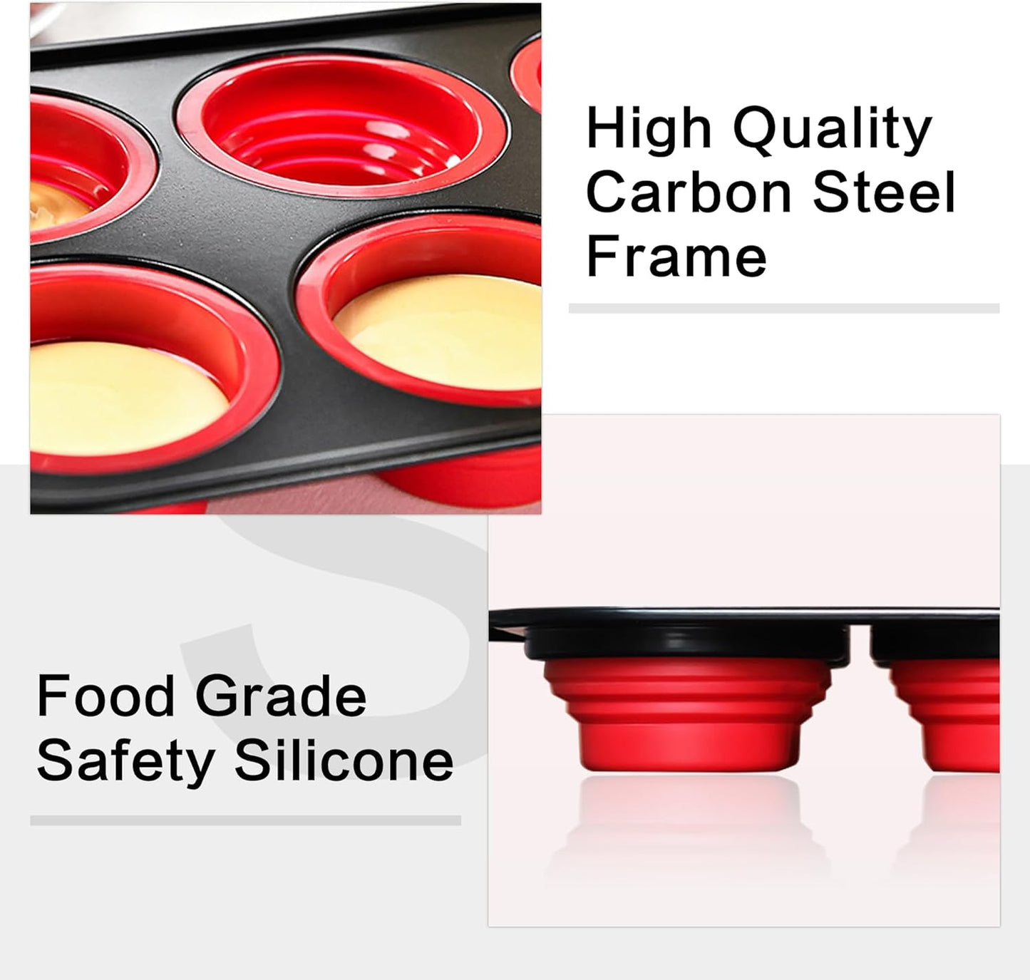 Silicone Muffin Pan Molds, 6 Cups Muffin Pans with Metal Frame, Muffin Pans for Baking, Non Stick Baking Tray for Ovens, Bakeware with Press to Release Design, Cake Pop Mold, Silicone Egg Molds, Red