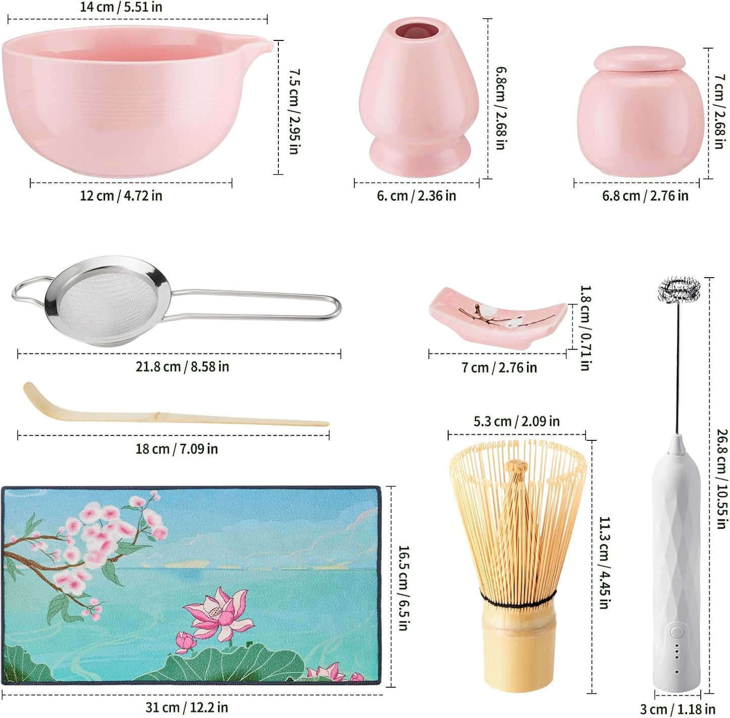 Matcha Whisk Set,9 Pcs Japanese Matcha Set Pink, Matcha Kit with Sifter, Matcha Tea Cloth, Matcha Powder Canister, Electric Rechargeable Frother(Pink)