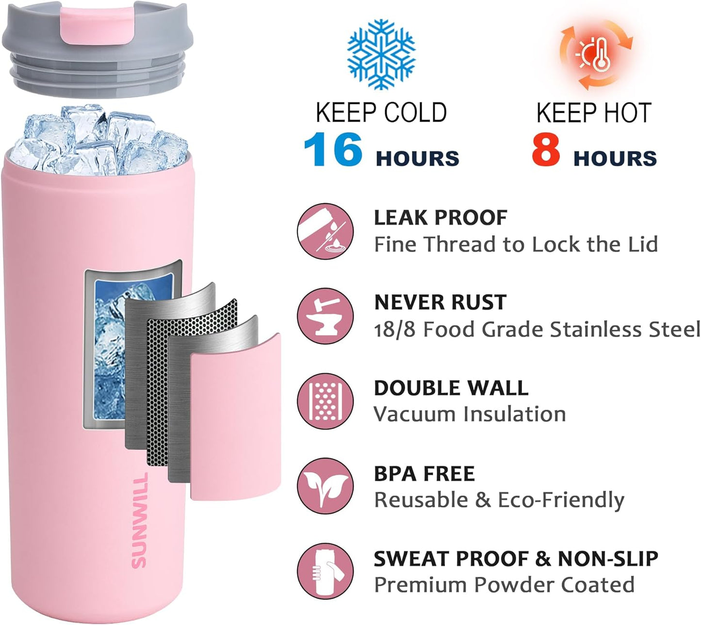 SUNWILL Travel Coffee Mug with Lid, Stainless Steel Coffee Tumbler Cups Leakproof 16 oz, Powder Coated Light Pink