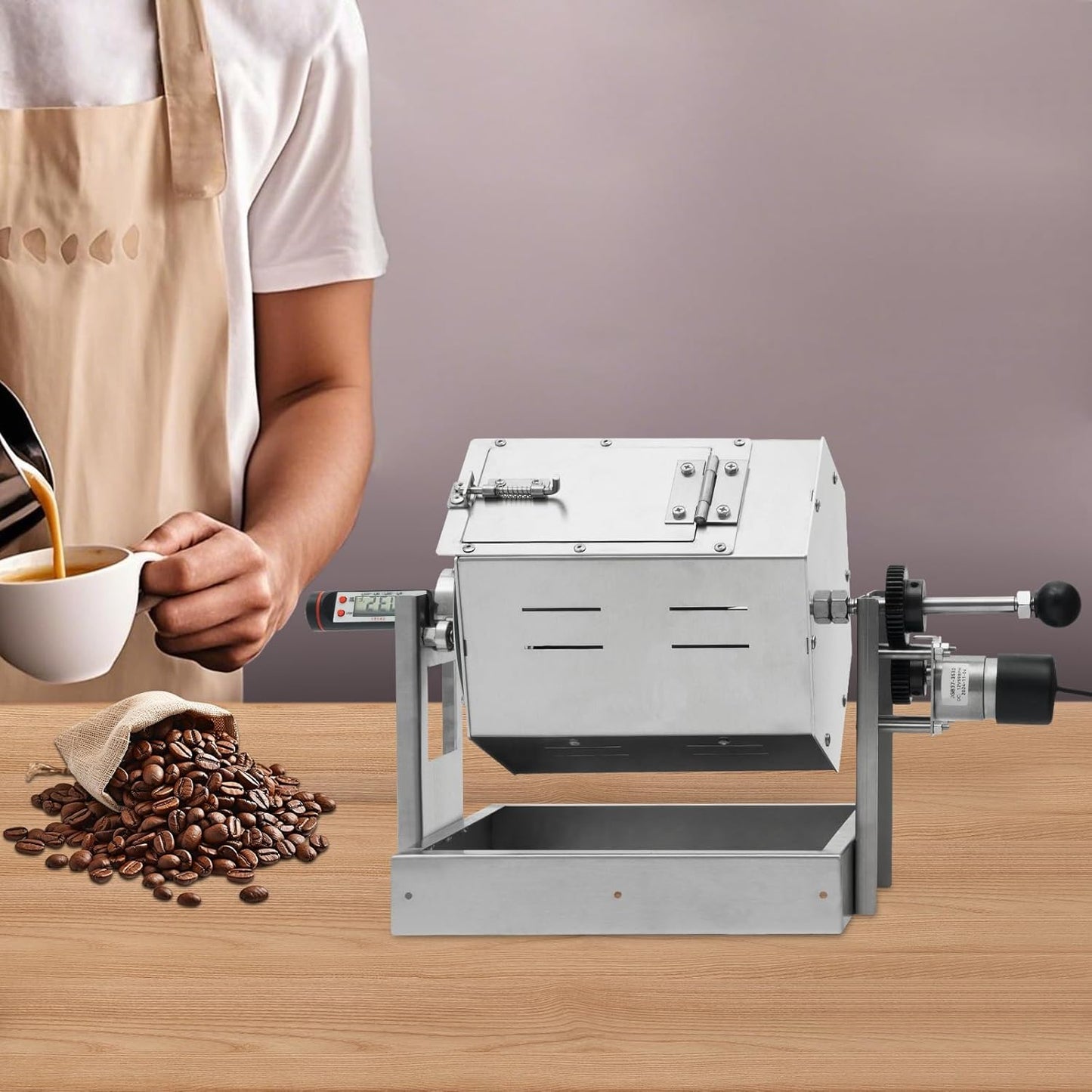 0.66-2.65lb Automatic Coffee Roaster Coffee Bean Roasting Machine Commercial Coffee Gas Roaster with Thermometer & Speed Controller Drum Type Gas Burner Require