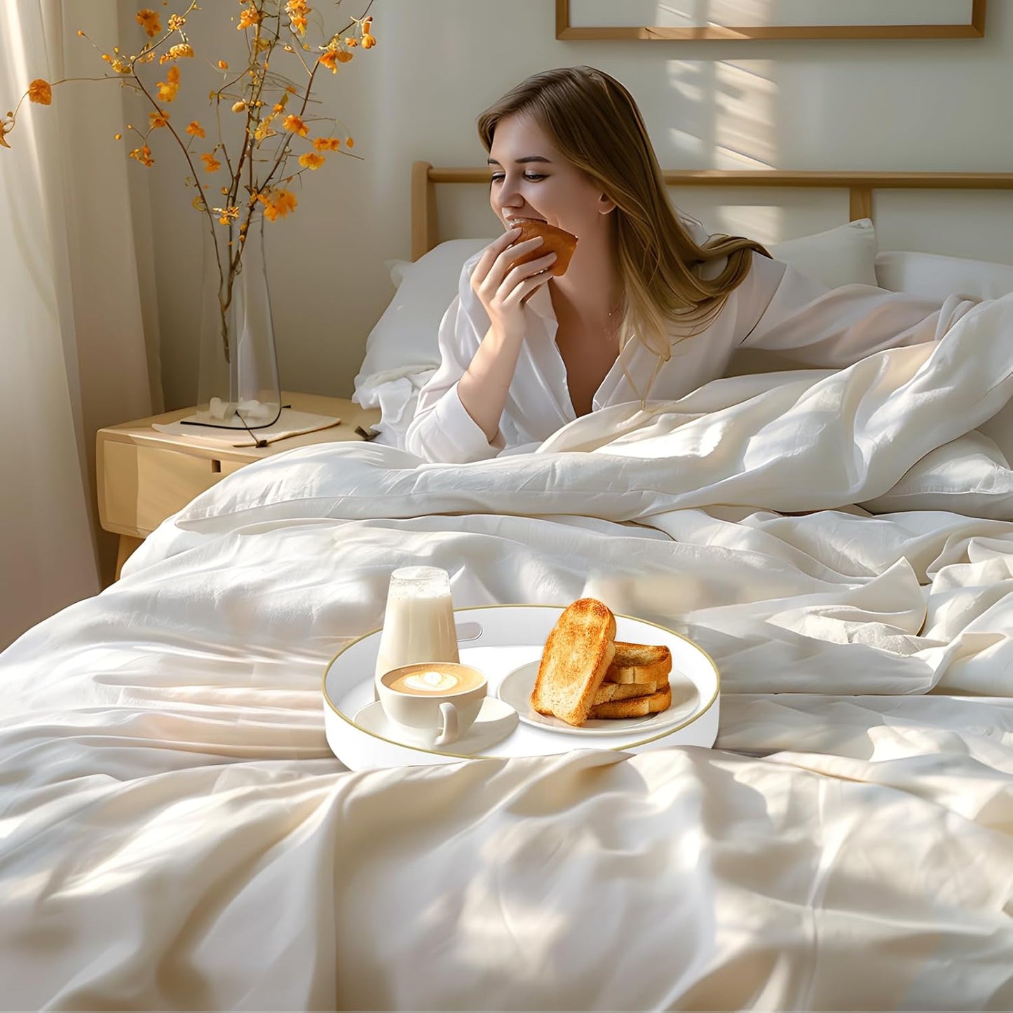 MAONAME White Decorative Tray for Coffee Table, Modern Round Serving Tray with Handles, 13" Plastic Tea Trays for Ottoman, Bathroom Decor