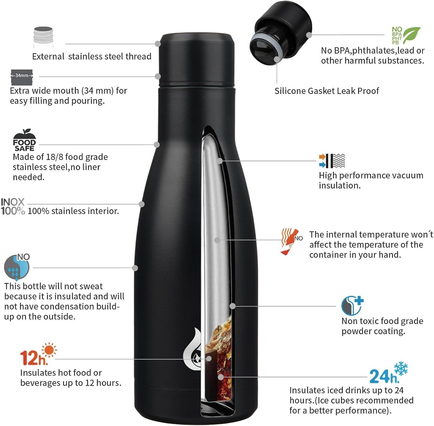 BJPKPK Insulated Water Bottle 12oz Small Stainless Steel Water Bottles Reusable Metal Thermos Keep Cold and Hot,Midnight Black
