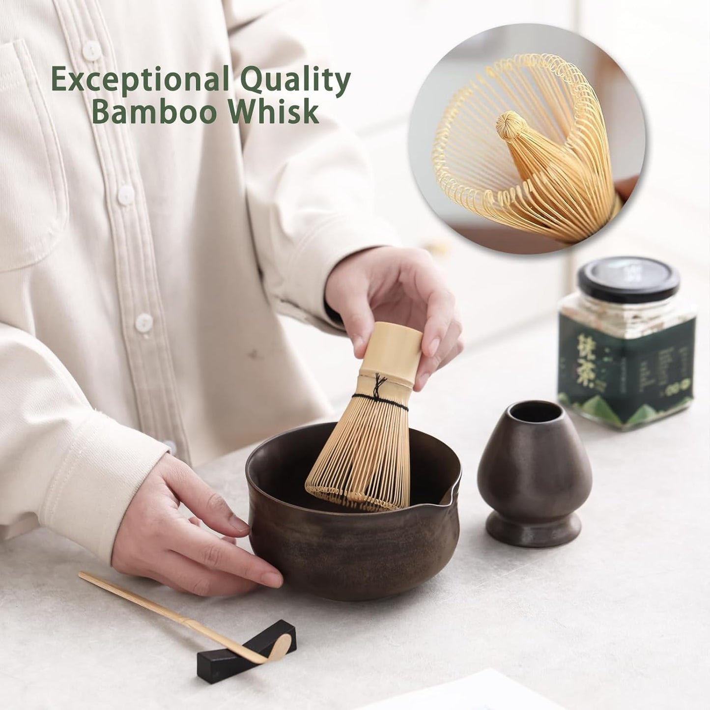 Matcha Set, Japanese Tea Set Includes Matcha Bowl with Spout, Matcha Whisk Holder (chasen), Bamboo Matcha Whisk and Bamboo Scoop, Ceramic Matcha Kit for Tea Lovers