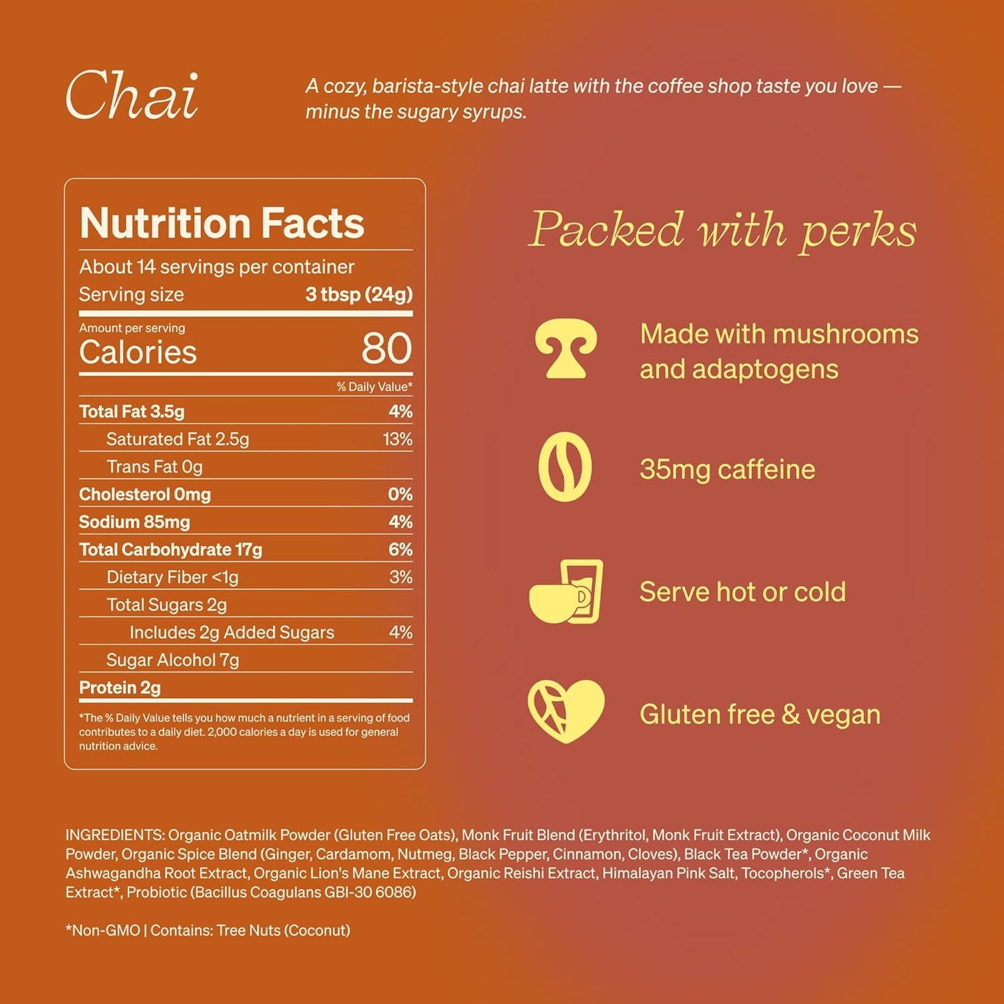Clevr Blends Chai Tea Latte, Instant Superfood Powder Blend with Oat Milk, Lion’s Mane, Reishi Mushroom, Black Tea, Organic Spices, Coconut Cream, Ashwagandha, Oprah’s Favorite Things 2022 (14 Lattes)