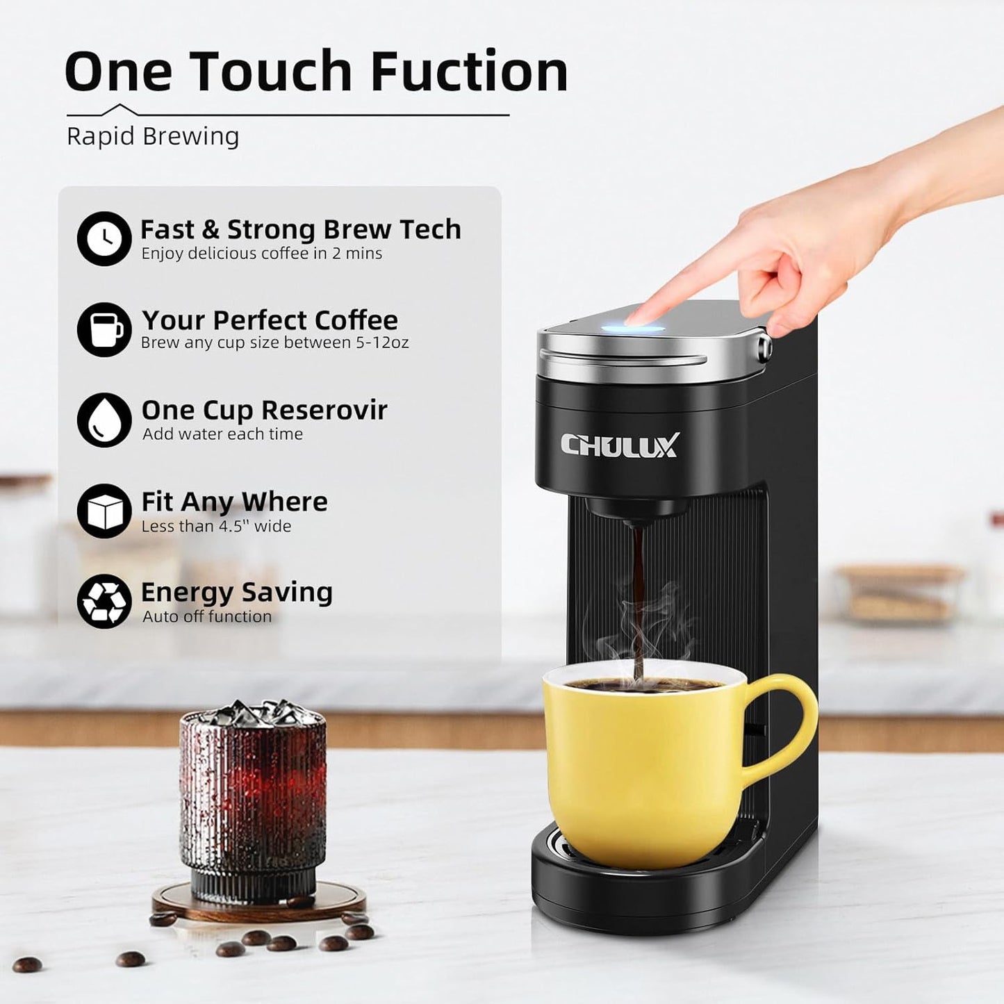 CHULUX Slim Single Serve Coffee Maker for K Cup, Mini Travel One Cup Coffee Machine for Home, Desk, Kitchen and Bedroom, Fits Travel Mug, Black