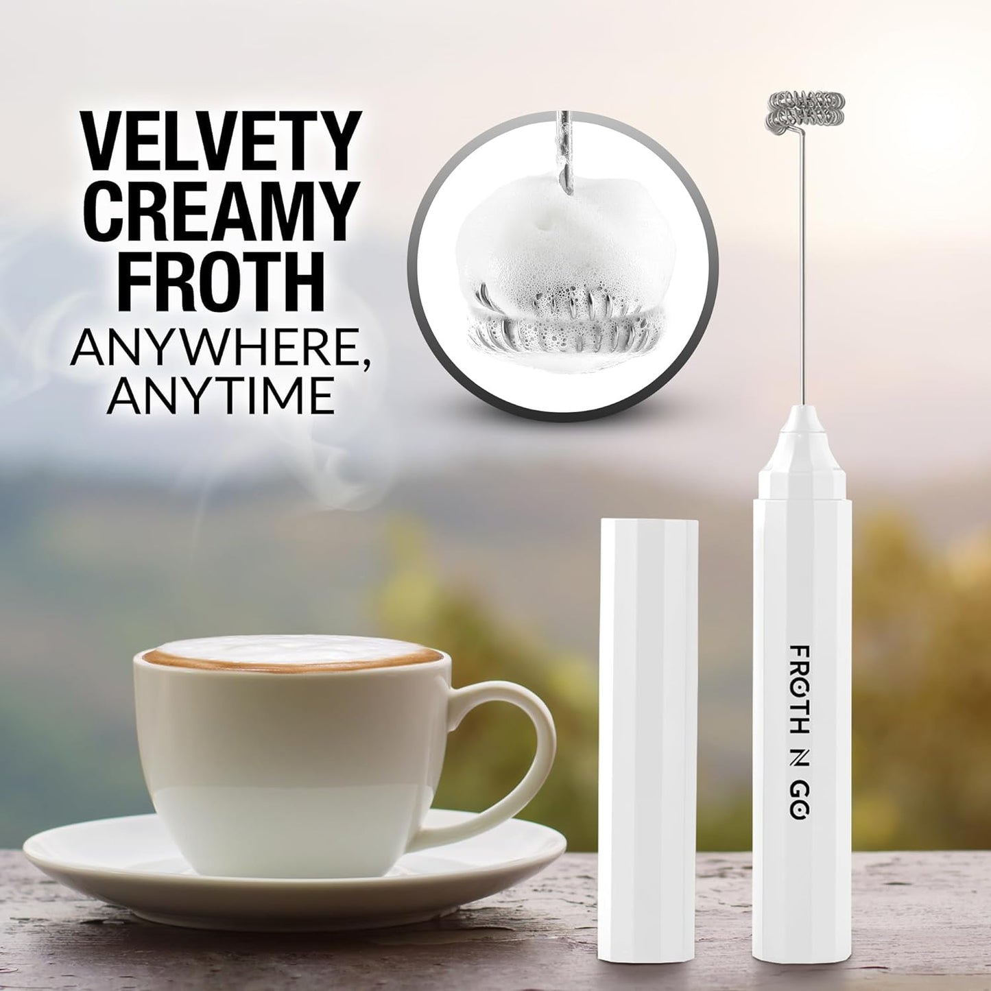 Zulay Kitchen FrothMate Powerful Milk Frother Portable & Compact Handheld Foam Maker Lattes, Cappuccinos (Blizzard White, Froth N Go)