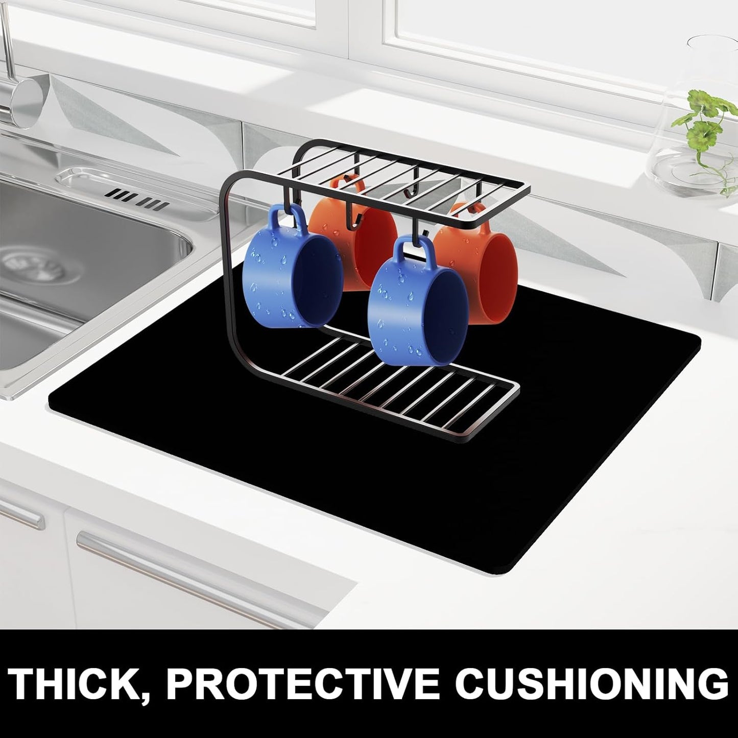 Rnivvi Dish Drying Mat, 16x18" Absorbent Drying Mat for Kitchen Counter, Cute Heat Resistant Dish Drying Pad Anti-Slip Dish Mat Drying Kitchen Mat, Dish Rack Mats for Bar Counter, Jet Black