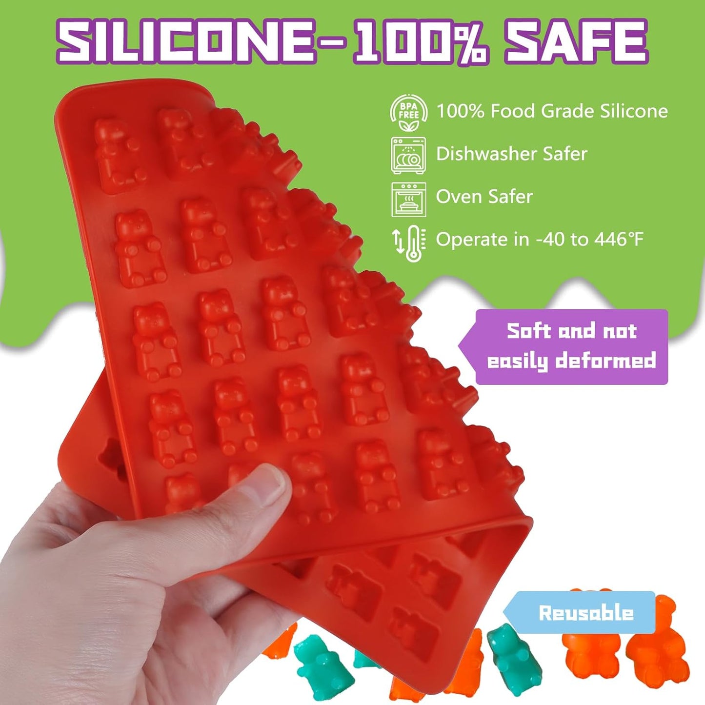 Two Different Sizes Gummy Bear Candy Molds, Set of 4 Non-Stick Silicone Candy Chocolate Gummy Molds with 2 Droppers