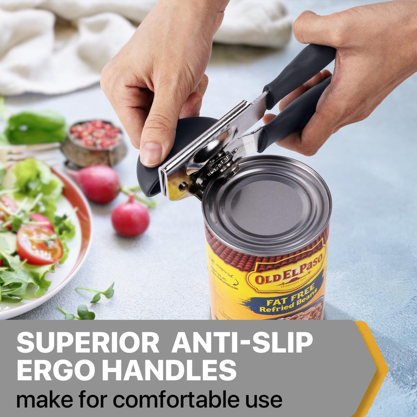 Can Opener Manual Heavy Duty, UHIYEE Hand Held Can Openers for Seniors with Comfort Grip Sharp Blade, Solid Steel Hand Manual Can Open with Magnet for Kitchen Camping, Gray