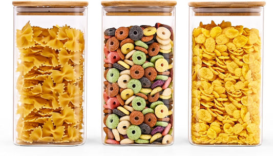 Glass Food Storage Jars Square 44oz, 3 Pack Glass Jars With Bamboo Lids, Kitchen Storage Containers For Spice, Candy, Cookie, Storage For Pantry Organizers