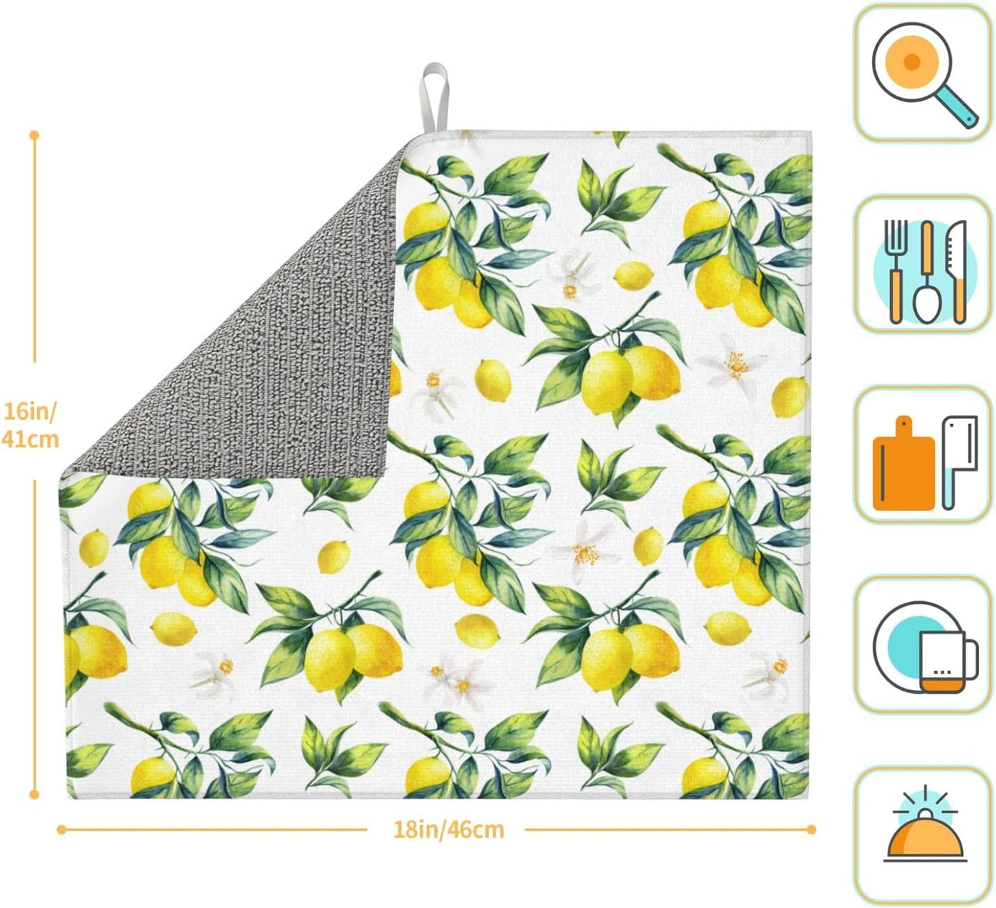 Tropical Lemon Leaves Dish Drying Mat, Highly Absorbent Microfiber Kitchen Counter Pad Reusable Washable, 16*18"