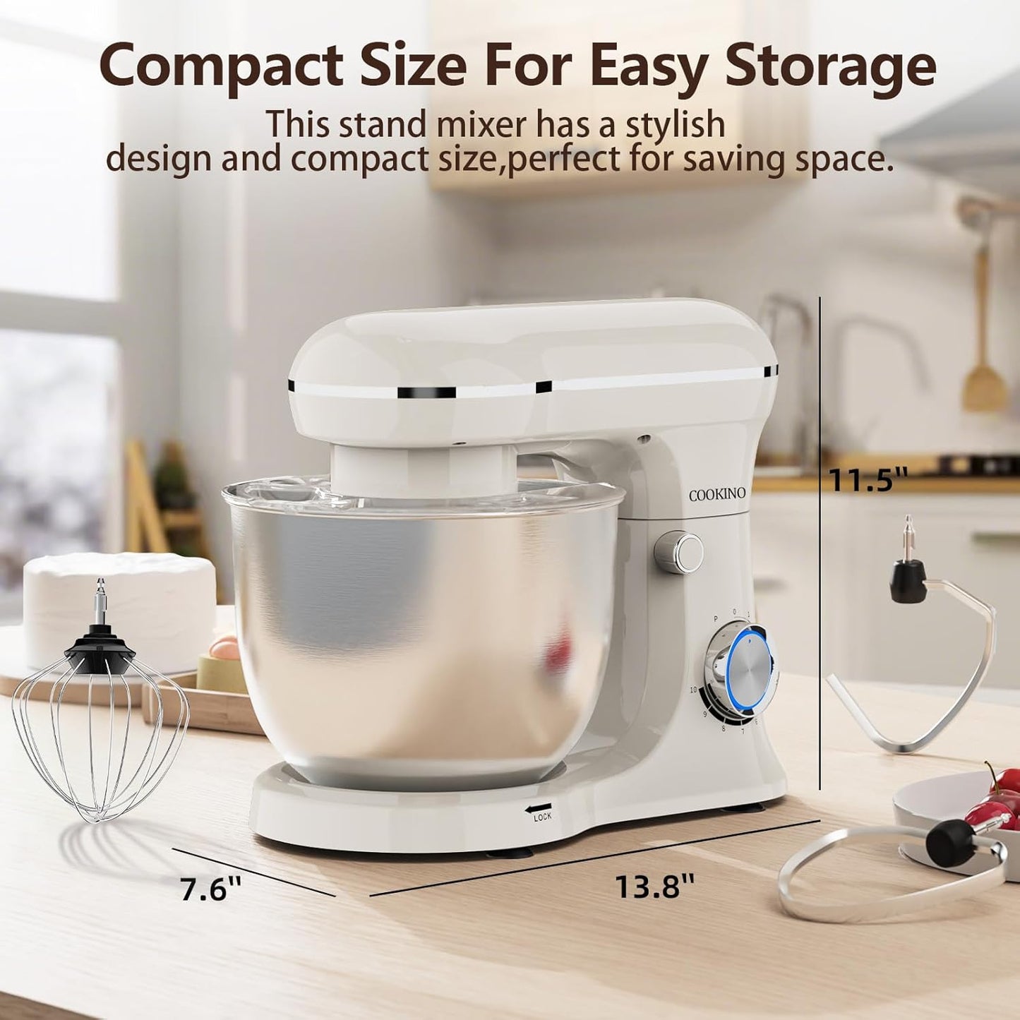 Electric Stand Mixer,10 Speeds Tilt-Head Food Mixer, 3-IN-1 Kitchen Mixer for Daily Cooks with Dishwasher-Safe 6QT Bowl,Dough Hook, Beater, Whisk (Almond Cream)