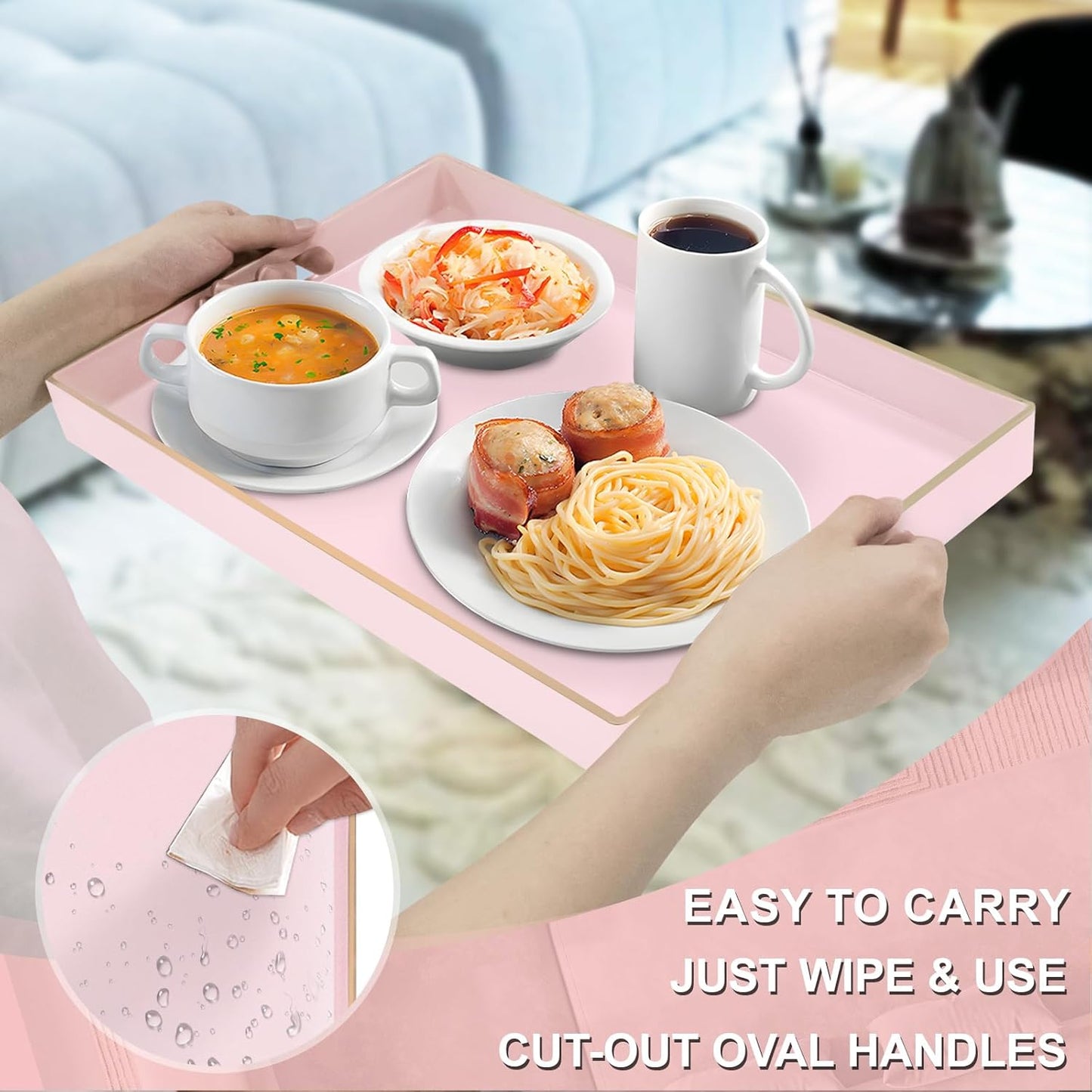 MAONAME Pink Serving Tray with Handles, Modern Decorative Tray for Coffee Table, Plastic Rectangular Tray for Ottoman, Bathroom, Decor, 15.8” x 10.2” x1.4