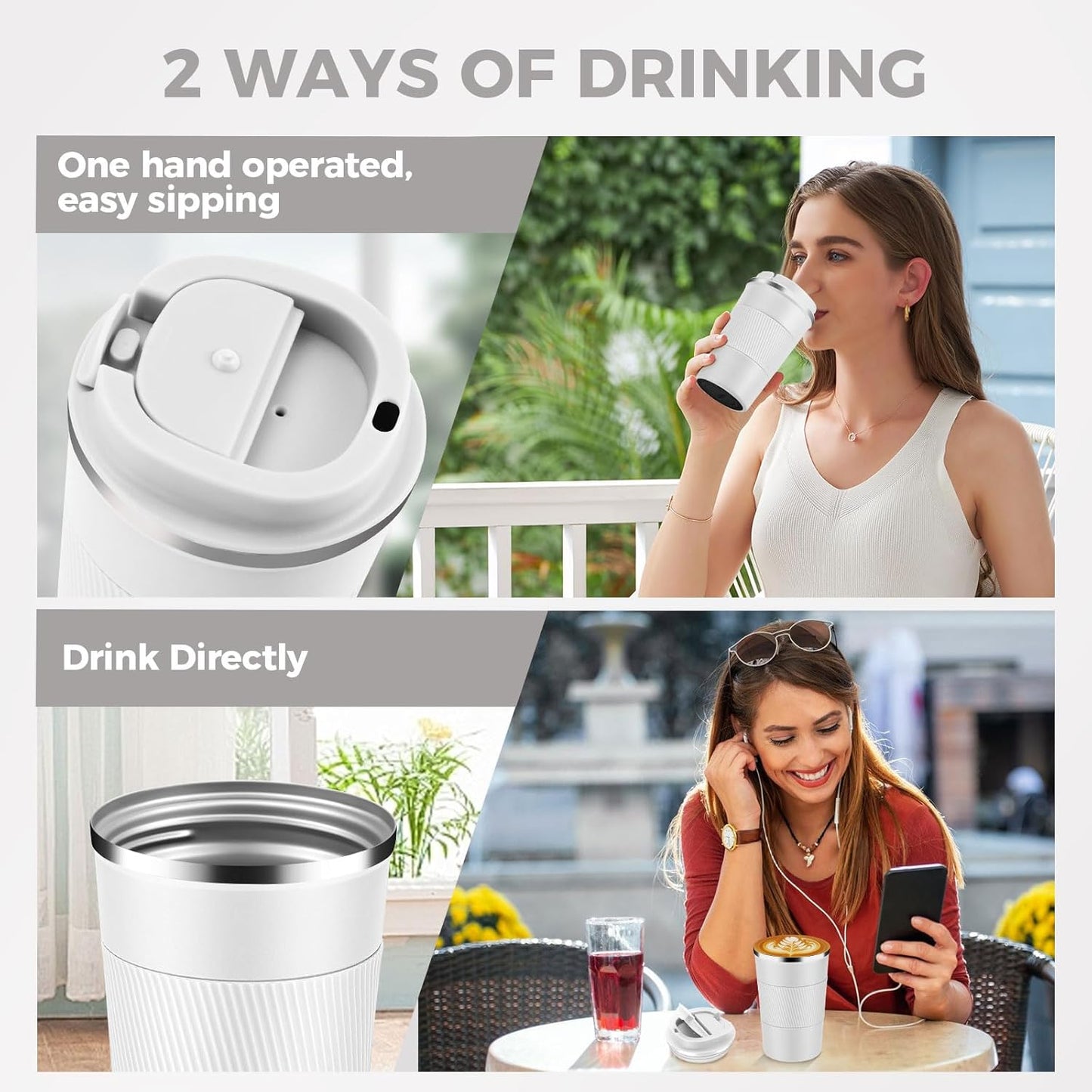 Volhoply 13 oz Stainless Steel Insulated Travel Coffee Mug with Fip Lid Bulk 4 Pack,Reusable Double Wall Vacuum Metal Coffee Cup,Portable Leak Proof Thermal Tumbler for Hot & Cold Drinks(White,4)