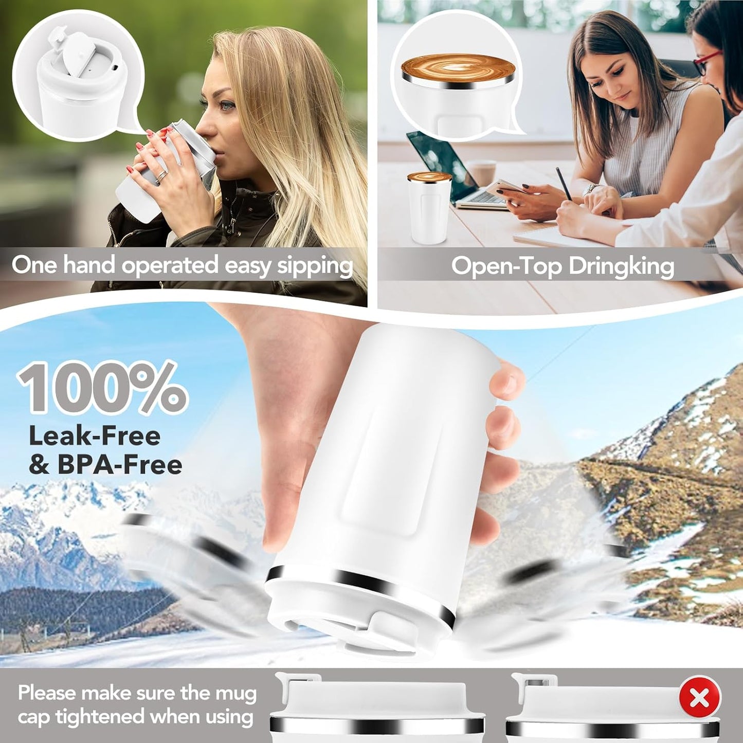 Volhoply 12 oz Double Wall Insulated Vacuum Travel Coffee Mug with Flip Lid,Reusable Stainless Steel Leak Proof Coffee Cup,Portable Iced Cafe Thermal Tumbler Suitable for Hot&Cold Drinks(White,1 Set)