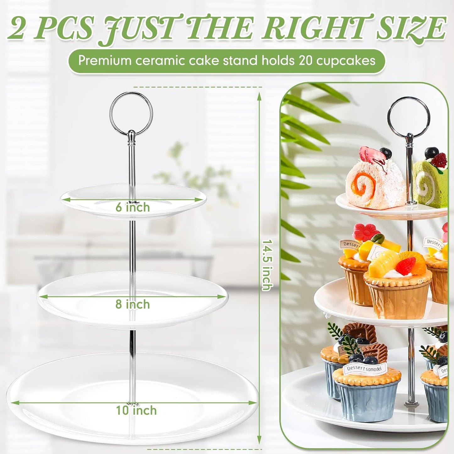 Tatuo 2 Pcs 3 Tier Porcelain Cupcake Stand, Cup Cake Holder Tower, Pastry Serving Elegant Dessert White Ceramic Tiered Stand for Wedding, Birthday, Tea Party(Delicate Round Shape)