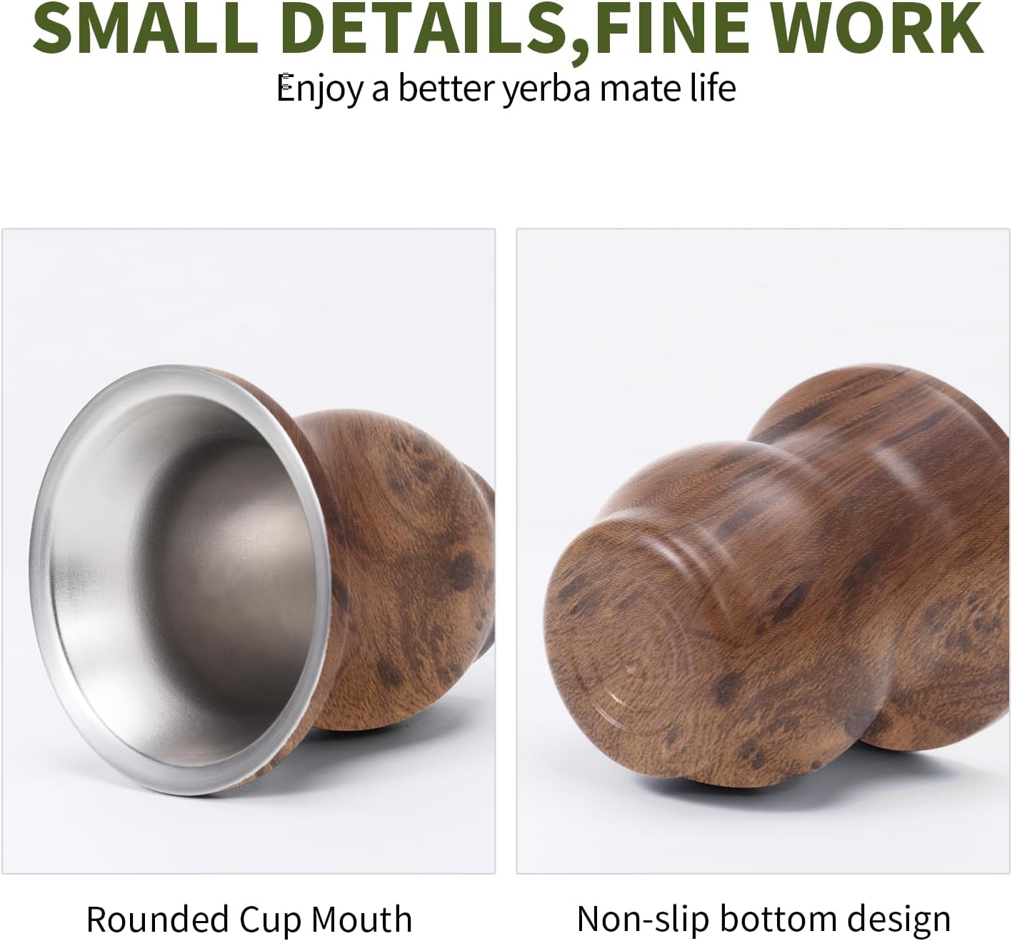 Yerba Mate Cup Set, Include Stainless Steel Double-Wall Mate Gourd with 2 Bombilla Straws and Cleaning Brush, 7.8oz Capacity (Wood Grain)