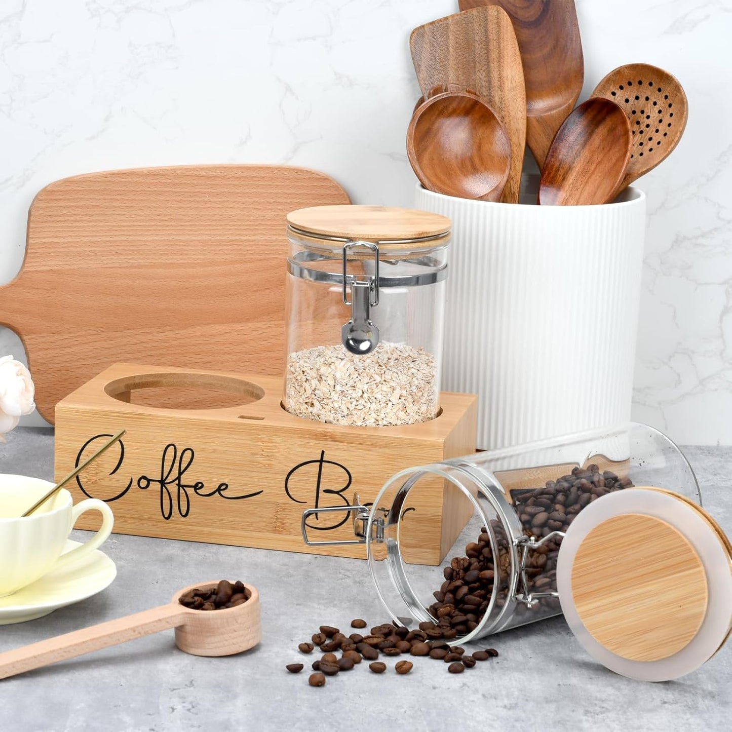 Glass Coffee Canister Set with Bamboo Shelf & Spoon - 2 Airtight Containers (47oz Each) for Coffee Beans, Ground Coffee, Sugar, Flour - Borosilicate Glass & Bamboo Lid with Silicone Seal
