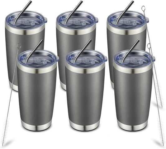 COMOOO 20oz Double Wall Vacuum Insulated Travel Mug, Stainless Steel Tumbler with Lid, Durable Powder Coated Insulated Coffee Cup for Cold & Hot Drinks (Cold Grey, 6 Pack)