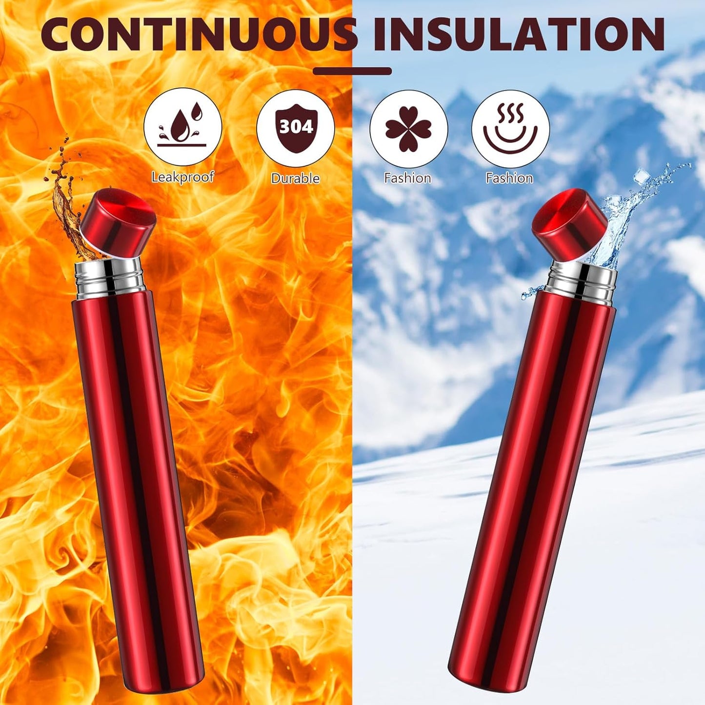 Vesici Slim Water Bottle 8.8 oz Small Stainless Steel Purse Compact Insulated Water Bottles Camping Travel Backpack Pocket Flask for Car Cold Coffee Tea(Red,1 Pack)