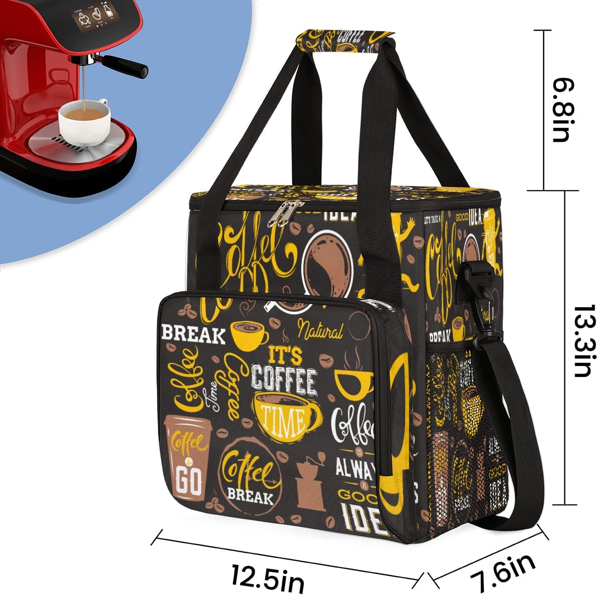 Yellow Coffee Break Cafe Maker Carring Bag Travel Carrying Storage Tote Compatible with Keurig K-Mini or Plus Portable Single Serve Brewer Case Pockets for K-cup Pods