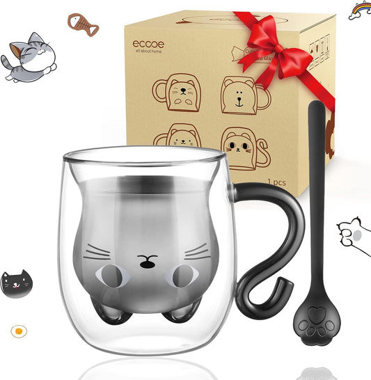 ecooe Cute Cat Mug Glass Coffee Cup 9.8oz Double Walled Glass Mug Cappuccino Latte Glass Cup with Handle Spoon, Milk Tea Cat Cup Birthday Christmas Valentine's Day Gifts for Women Girls Kids Friends