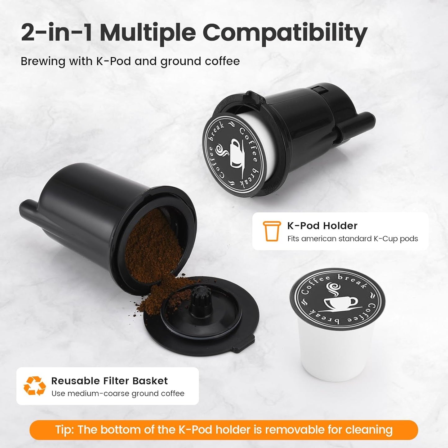 Single Serve Coffee Maker for K-Cup Pod and Grounds, Hot and Iced Coffee Maker with 5 Brew Sizes, 50oz Removable Reservoir, Fast Brewing One Cup Coffee Machine, Stainless Steel, Black