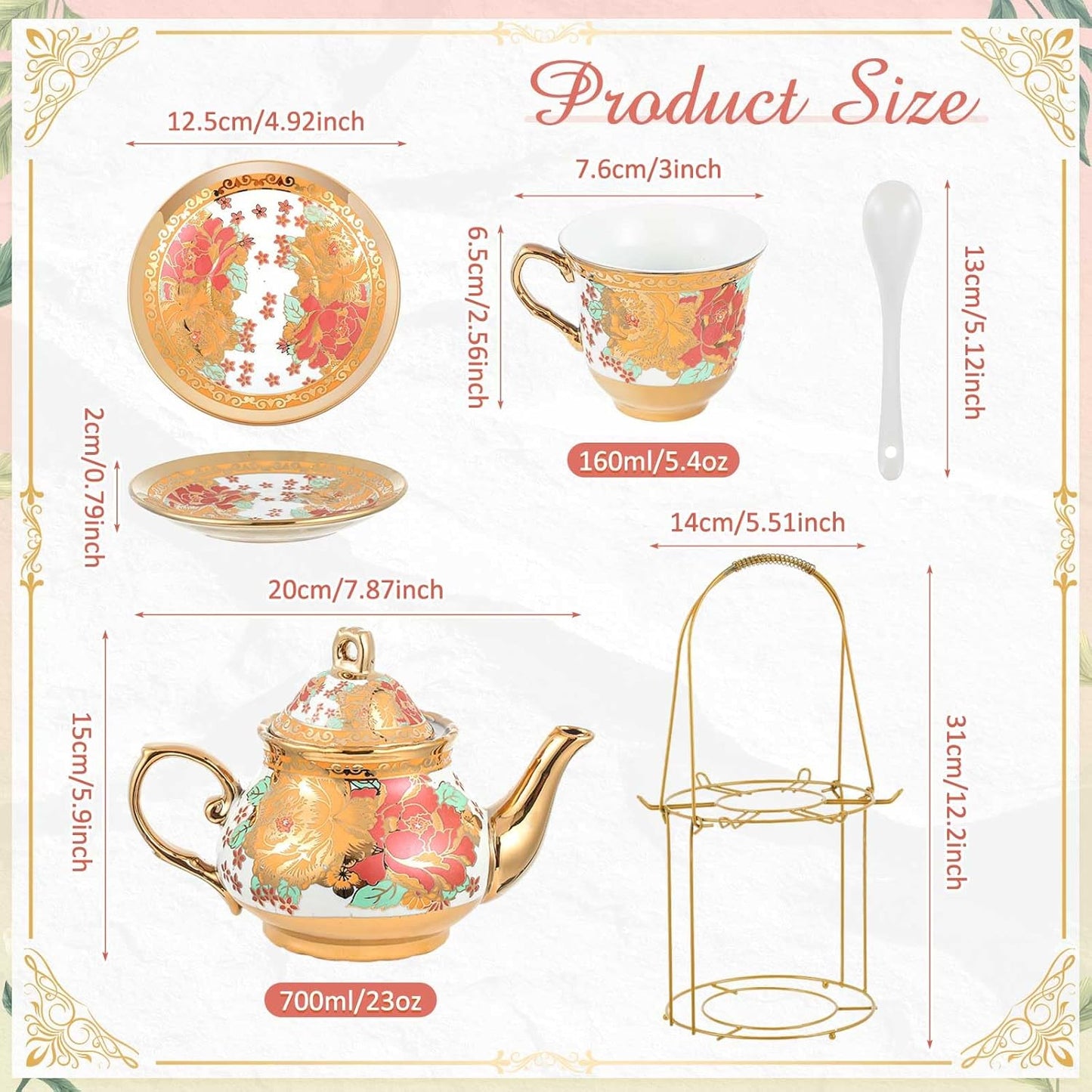 Zhehao 20 Pcs Porcelain Tea Set with Metal Holder and Spoon Adult Ceramic Tea Party Set European Flower Painting Teapot Cup Saucer Spoon Set for Women, Large Version(Stylish Style)