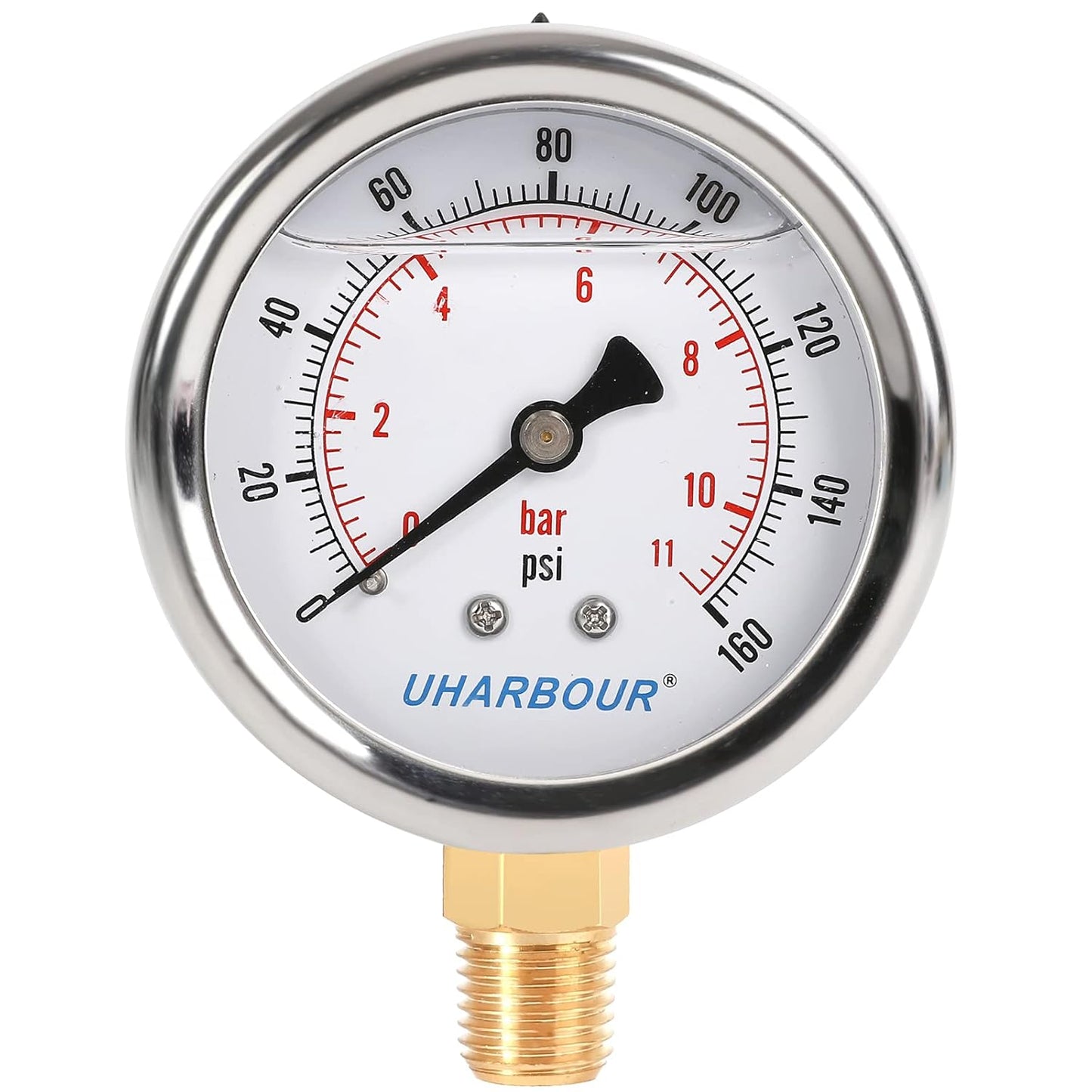 Glycerin Filled Pressure Gauge 160psi/11bar, Stainless Steel case, Brass Inside Construction, 2-1/2" dial, 1/4" NPT Rear Connection.