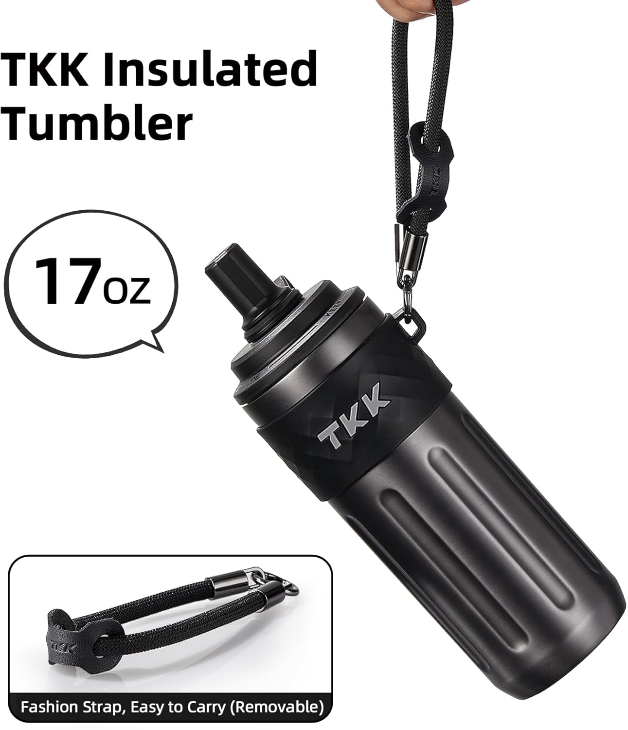 TKK 17 OZ Travel Tumbler Ceramic Lining with Straw Lid, Stainless Steel Vacuum Insulated Double Wall Coffee Tumbler, Leak Proof Iced Water Bottle with Carry Strap for Hot & Cold Drinks, Tungsten Steel