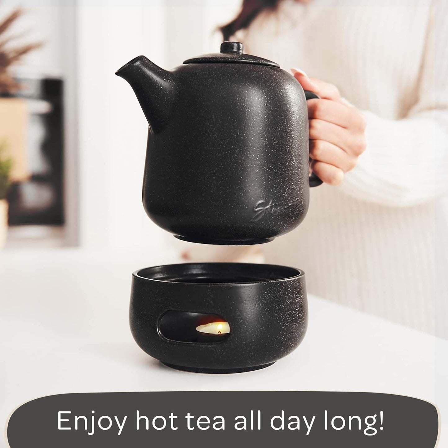 Steinzeit Design Tea Pot with Warmer (44 oz) - Premium Ceramic Teapot with Infuser for Loose Tea - Black Teapot Ceramic with Removable Steamer