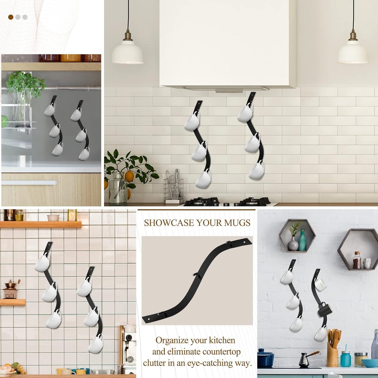 Sosation 4 Pack Coffee Mug Wall Rack Mounted with 12 Hooks S Curve Metal Coffee Cup Rack Wall Hanging Holder for Bar Kitchen Corner Station Decor Display