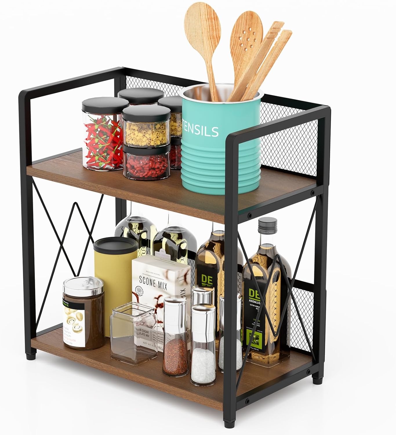 Aduanbang Coffee Bar Accessories Organizer, Seasoning Organizer, 2 Tier Wooden Kitchen Counter Shelf, Coffee Organizer Station for Countertop, Coffee Condiment Rack for Mugs, Cups, Cream, Syrup